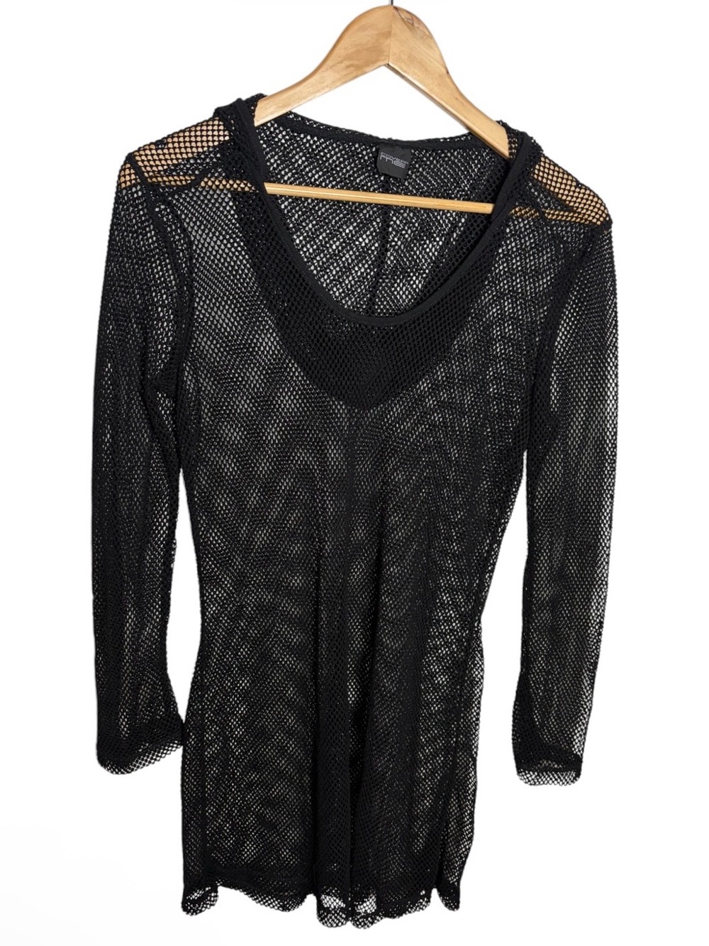 Black fishnet sheer mesh hoodie mini dress with long sleeves fits like M